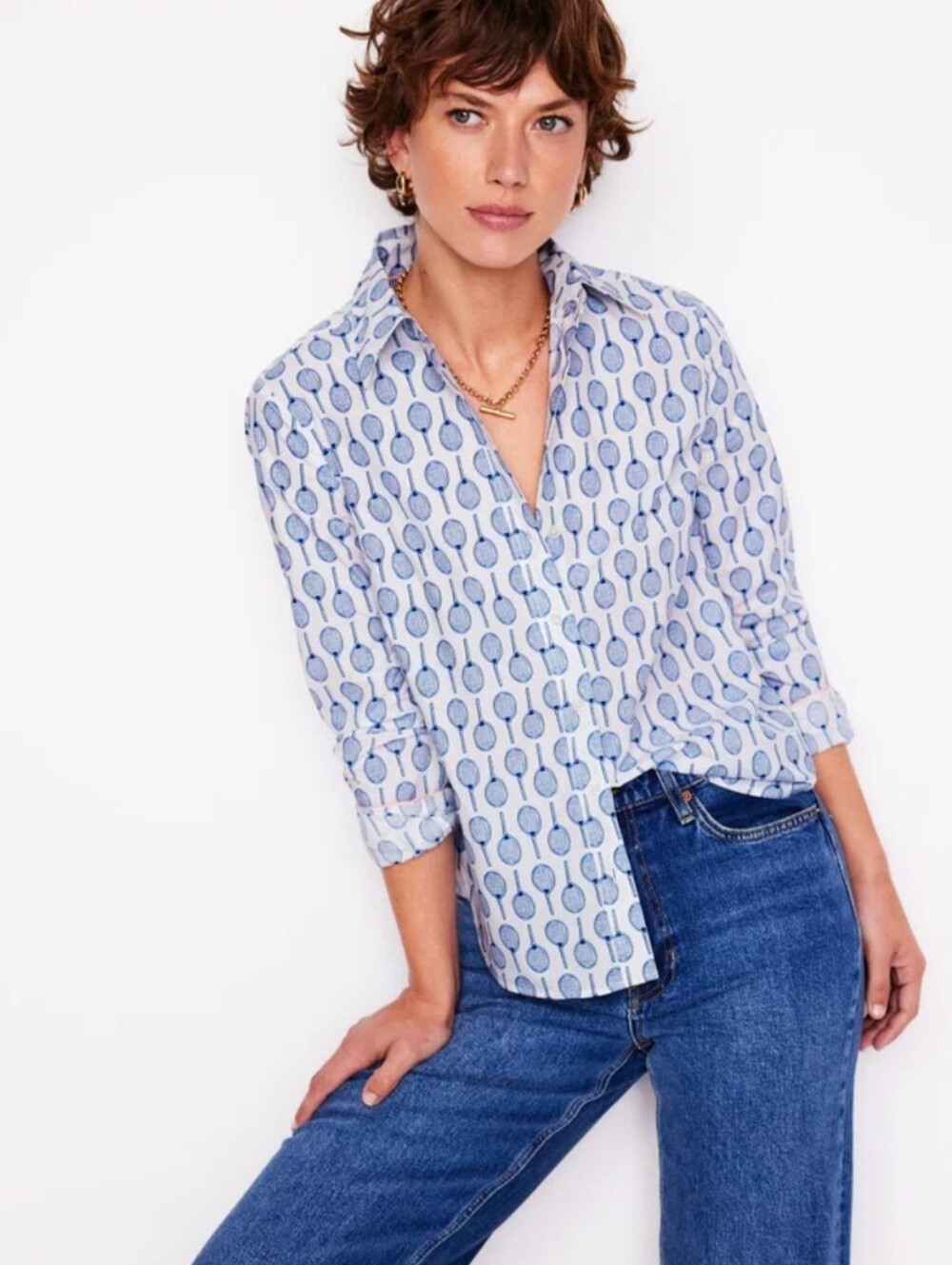 Boden Sienna Cotton Shirt Women's 2R Blue White Tennis Racket Preppy Coastal